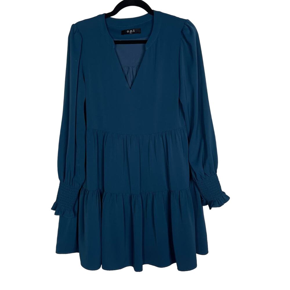 OPT Small Teal Blue Bay VNeck Tiered Long Sleeve Dress Cocktail Smocked Cuffs